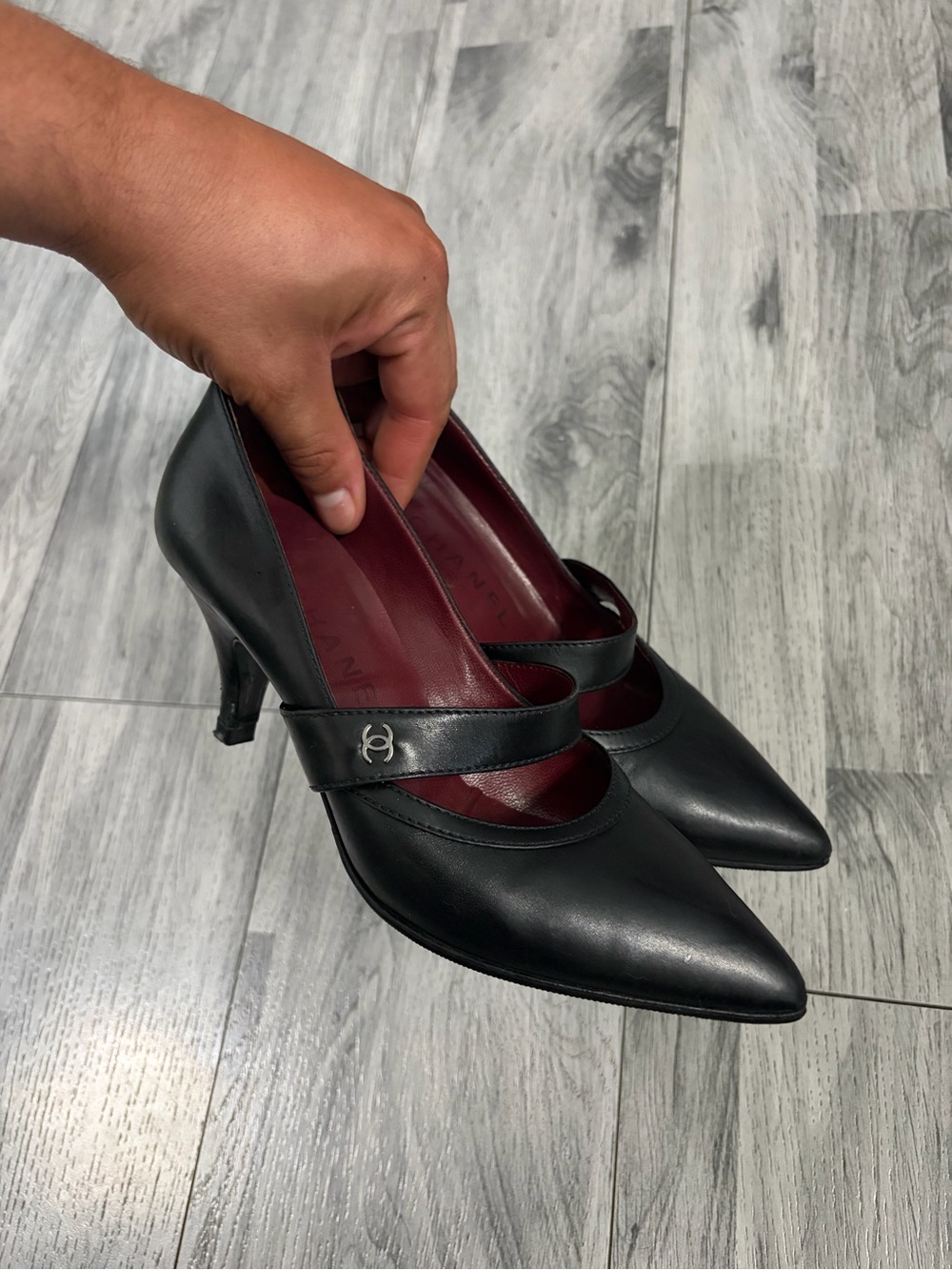 Black Leather Pointed-Toe Mary Jane Heels - Picture 1 of 8